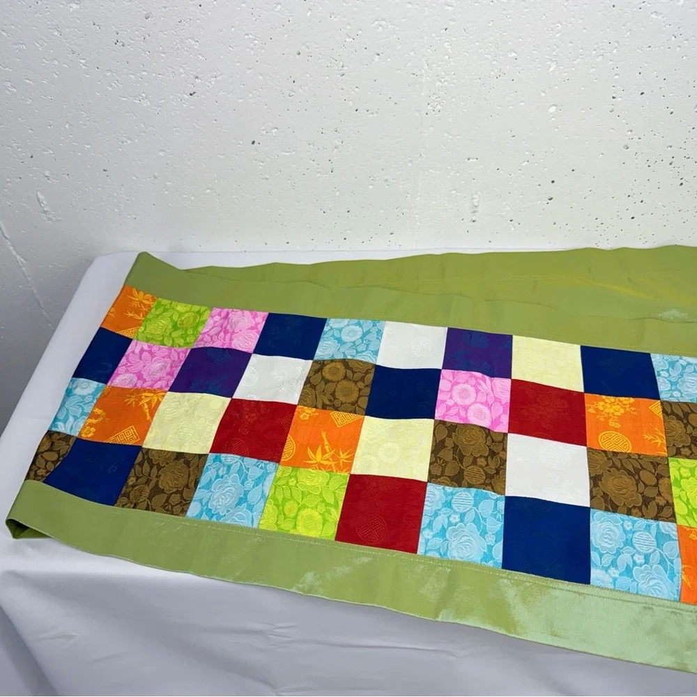 100% Silk Multi Colored Patchwork Chinese Table Cloth 16.7 x 75 Inches
